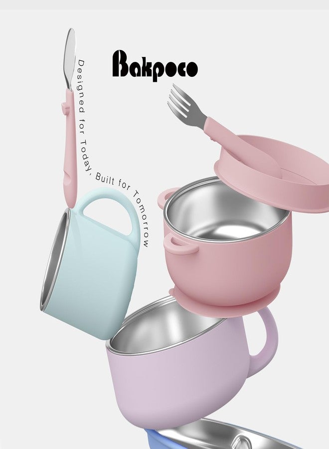 Bakpoco Kids Dinnerware Set - 6 Piese Toddler Plates and Suction Bowls Set with Kids Utensils⋓, 2 IN 1 Stainless Steel & Silicone Baby Self Feeding Supplies, Lilac& Blush&Sage - Image 4